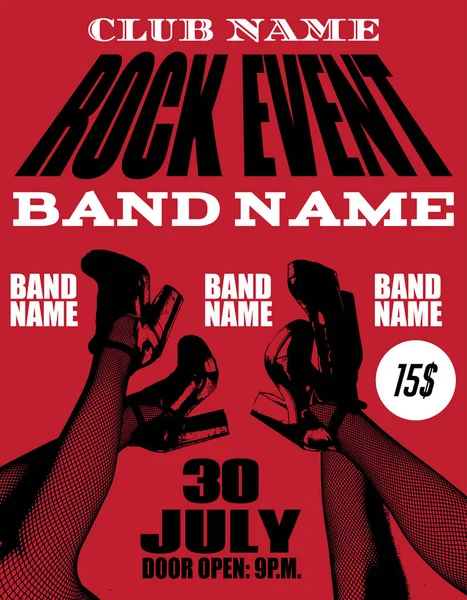 Rock event poster. Vector hand drawn illustration of female legs. Template for card, poster. banner, print for t-shirt, pin, badge, patch.
