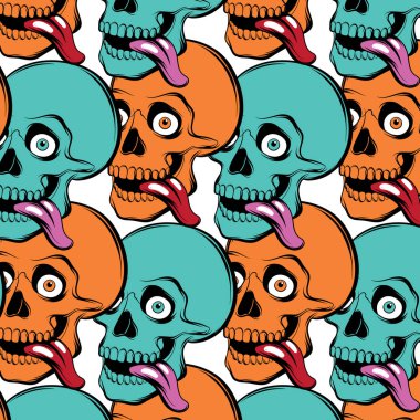 El ile vektör desen illüstrasyon insan kafatası çizilmiş. Şablon kartı, poster. afiş, t-shirt, pin, rozet, yama için yazdırma.