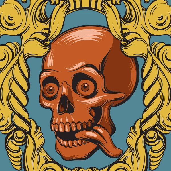 Illustration Vectorielle Dessinée Main Crâne Humain Dans Cadre Baroque Plaque — Image vectorielle