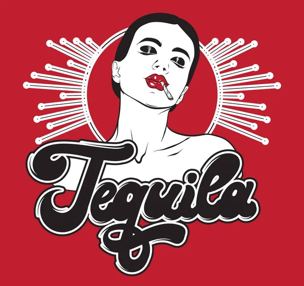 Tequila Kézírásos Betűk Vektor Kézzel Rajzolt Ábrán Lány Cigaretta Sablon — Stock Vector