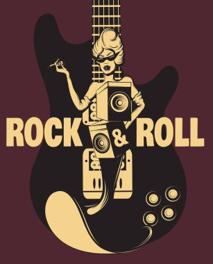 Rock tur. Vektör el kadın gerçeküstü illüstrasyon ses sistemi hoparlör ve gitar ile çekilmiş. Şablon kartı, poster. afiş, t-shirt, pin, rozet, yama için yazdırma.