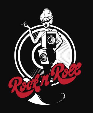 Rock'n ' roll. Yazı el yazısı. Kadının ses sistemi hoparlör ile gerçeküstü illüstrasyon vektör el çekilmiş. Dövme resimleri. Şablon kartı, poster. afiş, t-shirt, pin, rozet, yama için yazdırma.