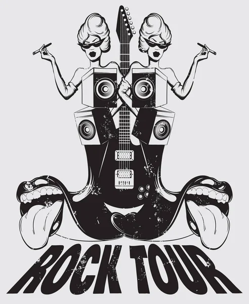 Tour Rock Illustrazione Surreale Disegnata Mano Vettoriale Donna Con Altoparlanti — Vettoriale Stock