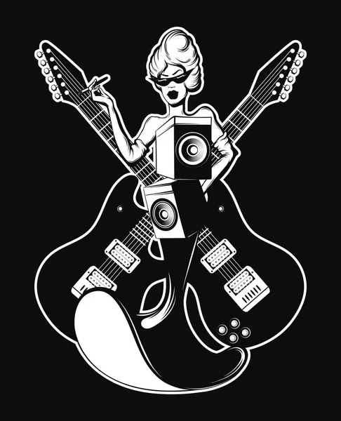 ベクターの手には サウンド システムのスピーカーとギターでの女性のシュールなイラストが描かれました タトゥー作品 カード用テンプレートのポスター バナー プリント シャツ バッジ パッチの — ストックベクタ