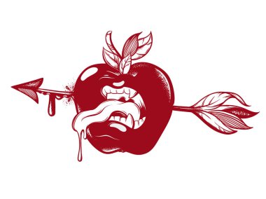 Apple ağız ve dil ile çizilen illüstrasyon vektör ver. Dövme resimleri. Şablon kartı, poster. afiş, t-shirt, pin, rozet, yama için yazdırma.