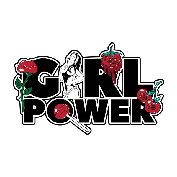 女の子パワー ロゴベクトルの手には 現実的な創造的なイラストが描き下ろし カード用テンプレートのポスター バナー プリント シャツ バッジ パッチの — ストックベクタ