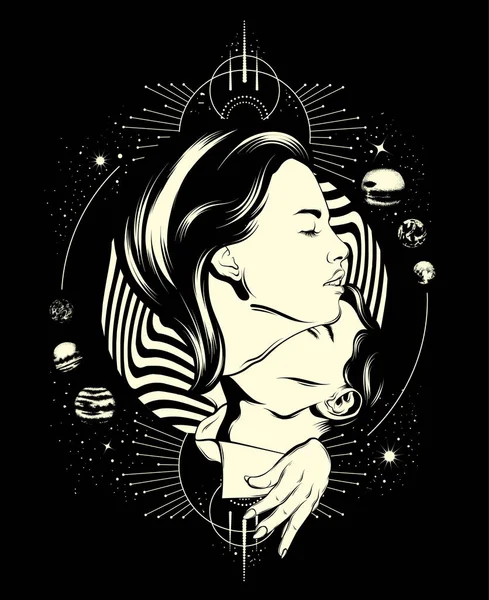 Ilustración Dibujada Mano Vectorial Pareja Besándose Con Planetas Tatuaje Hecho — Vector de stock