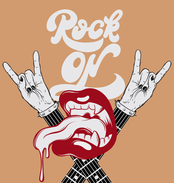 Rock on. Handwritten lettering. Vector hand drawn illustration of mouth with guitar and rock hand. Template for card, poster. banner, print for t-shirt, pin, badge, patch.
