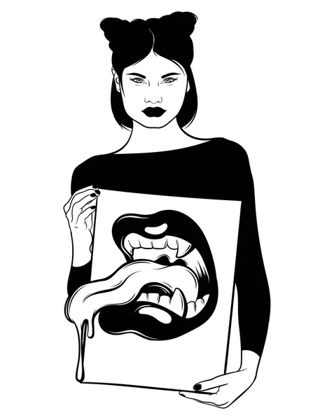 Illustration Vectorielle Dessinée Main Jeune Fille Tenant Plaque Avec Bouche — Image vectorielle