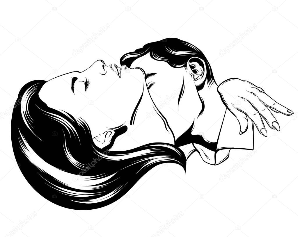 Vector hand drawn illustration of kissing couple. Tattoo artwork made in realistic style. Template for card, poster. banner, print for t-shirt, pin, badge, patch.