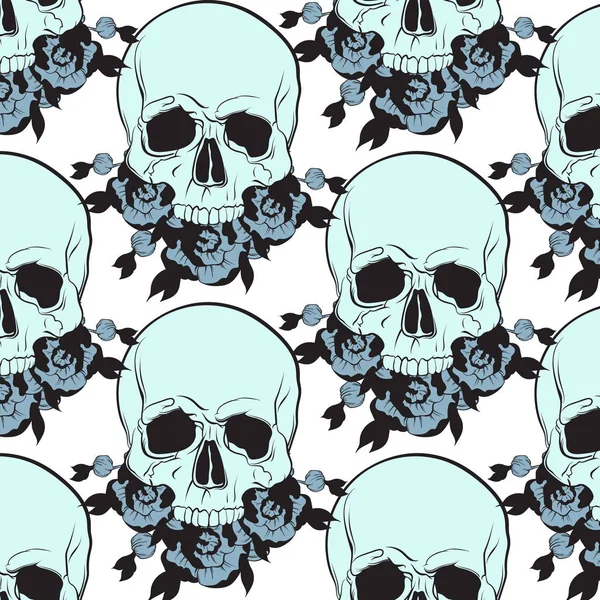 Vektör çizim çiçek ile insan kafatası ile çizilmiş desen ver. Şablon kartı, poster. afiş, t-shirt, pin, rozet, yama için yazdırma.