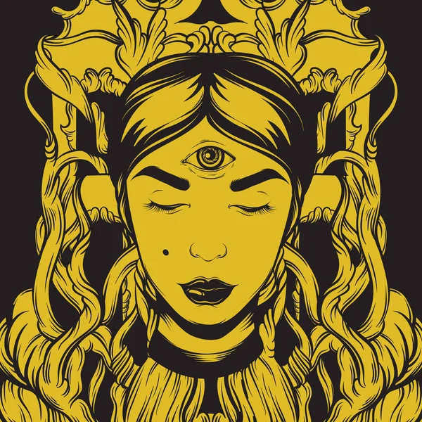 Falcı gerçeküstü illüstrasyon vektör el çekilmiş. Yaratıcı dövme sanat. Şablon kartı, poster. afiş, t-shirt, pin, rozet, yama için yazdırma.