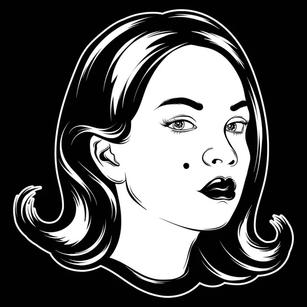 Vector hand drawn illustration of pretty girl. Tattoo artwork. Template for card, poster. banner, print for t-shirt, pin, badge, patch.
