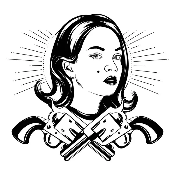 Vektör elle çizilmiş çizim th silahlı güzel kız. Yaratıcı dövme sanat. Şablon kartı, poster. afiş, t-shirt, pin, rozet, yama için yazdırma.