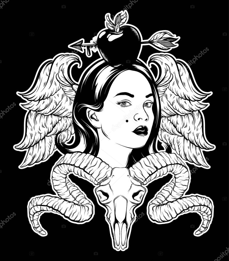 Vector hand drawn illustration of pretty girl with wings, apple with aeeow, ram skull. Tattoo artwork. Template for card, poster. banner, print for t-shirt, pin, badge, patch.