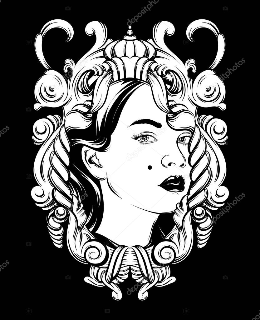 Vector hand drawn illustration of pretty girl in baroque frame. Tattoo artwork. Template for card, poster. banner, print for t-shirt, pin, badge, patch.