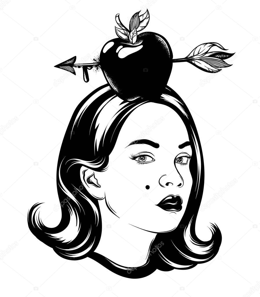 Vector hand drawn illustration of pretty girl with apple with arrow. Tattoo artwork. Template for card, poster. banner, print for t-shirt, pin, badge, patch.