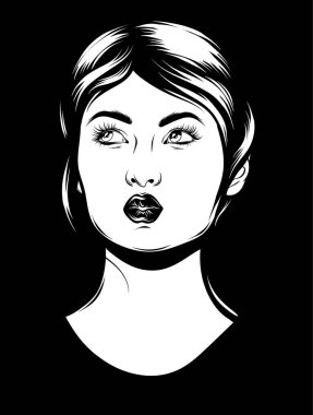 Vektör elle çizilmiş illüstrasyon izole güzel kadın. Dövme resimleri. Şablon kartı, poster. afiş, t-shirt, pin, rozet, yama için yazdırma.