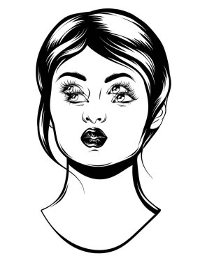 Dört gözlü güzel kız vektör elle çizilmiş çizim. Yaratıcı dövme sanat. Şablon kartı, poster. afiş, t-shirt, pin, rozet, yama için yazdırma.