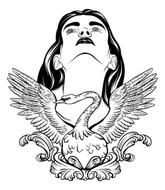 Güzel ypung kadın izole kuğu ile vektör elle çizilmiş çizim. Yaratıcı dövme sanat. Şablon kartı, poster. afiş, t-shirt, pin, rozet, yama için yazdırma.
