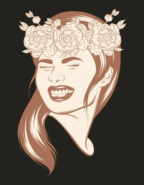 Vecteur dessiné à la main illustration réaliste de fille heureuse avec des fleurs isolées . — Image vectorielle