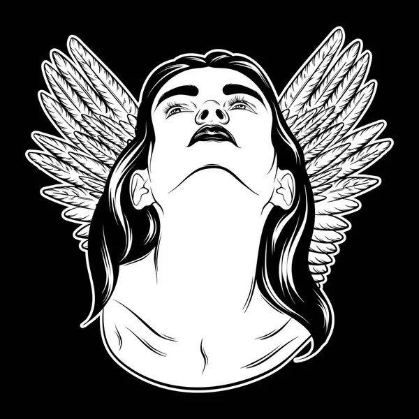 Vektör elle çizilmiş illüstrasyon izole kanatları olan genç ve güzel kız. Yaratıcı dövme sanat. Şablon kartı, poster. afiş, t-shirt, pin, rozet, yama için yazdırma.