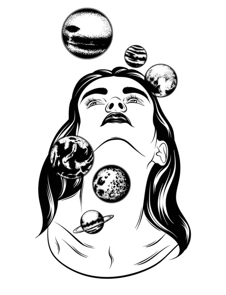 Vector Mão Desenhada Ilustração Menina Com Planetas Isolados Arte Tatuagem —  Vetores de Stock