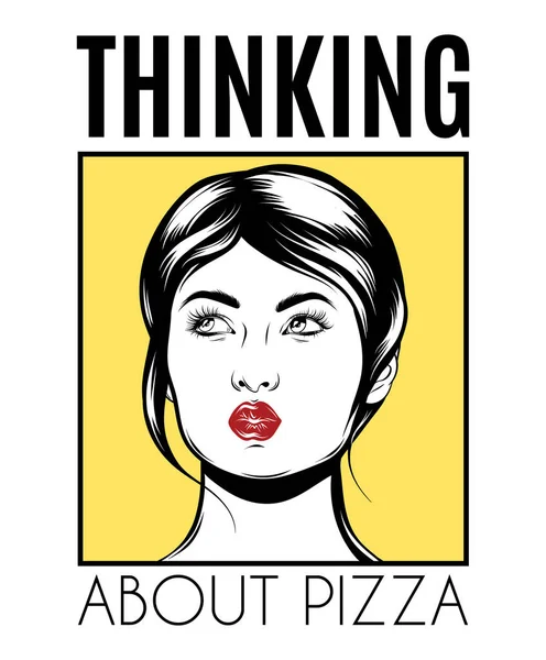 Sto Pensando Alla Pizza Illustrazione Disegnata Mano Vettoriale Bella Donna — Vettoriale Stock