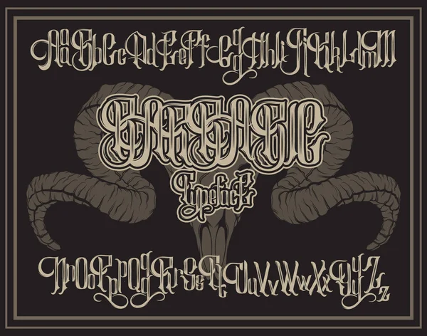 Vektör el yazısı gothic yazı tipi için elle çizilmiş çizim ram kafatası ile benzersiz yazı. Tipografi için kart, poster, afiş, t-shirt, etiket, rozetleri, başlıklar için yazdırma. 
