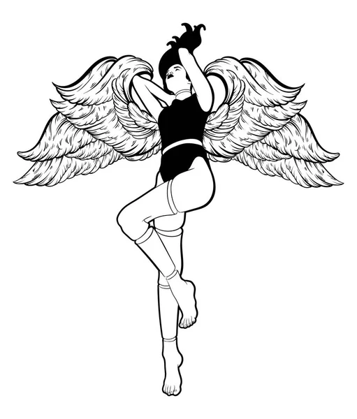 矢量手画一个娃娃与翅膀的插图 超现实主义纹身艺术品 补丁的打印模板 — 图库矢量图片
