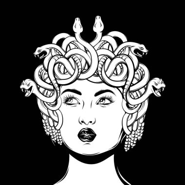 Vektör elle çizilmiş çizim izole Gorgon. Yaratıcı dövme sanat. Şablon için kart, poster, afiş, t-shirt, pin, rozet, yama için yazdırmak.