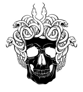 İnsan kafatası grup izole yılan ile vektör elle çizilmiş çizim. Yaratıcı dövme sanat. Şablon için kart, poster, afiş, t-shirt, pin, rozet, yama için yazdırmak.