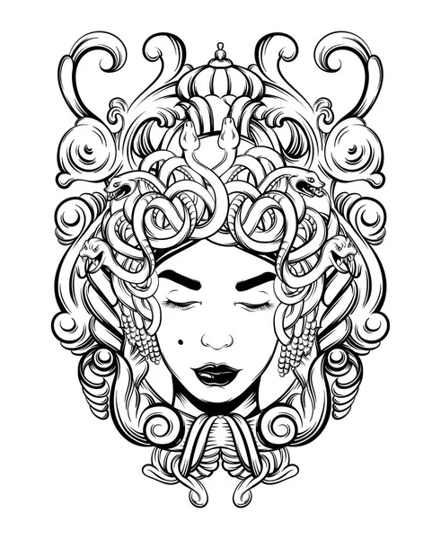 Ilustración Vectorial Dibujada Mano Gorgon Marco Barroco Aislado Tatuaje Creativo — Vector de stock