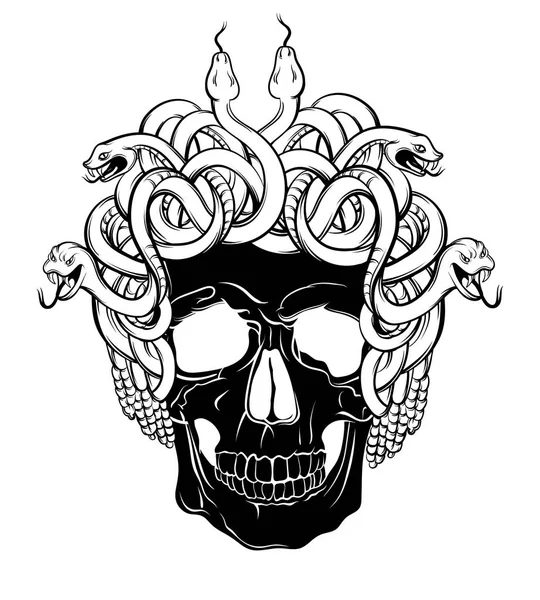 Illustration Vectorielle Dessinée Main Crâne Humain Avec Groupe Serpents Isolés — Image vectorielle