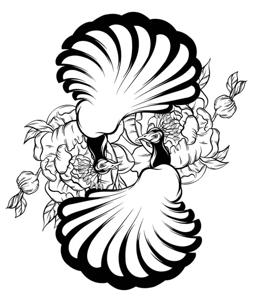 Tavuskuşu Izole Çiçekler Ile Vektör Elle Çizilmiş Çizim Yaratıcı Dövme — Stok Vektör
