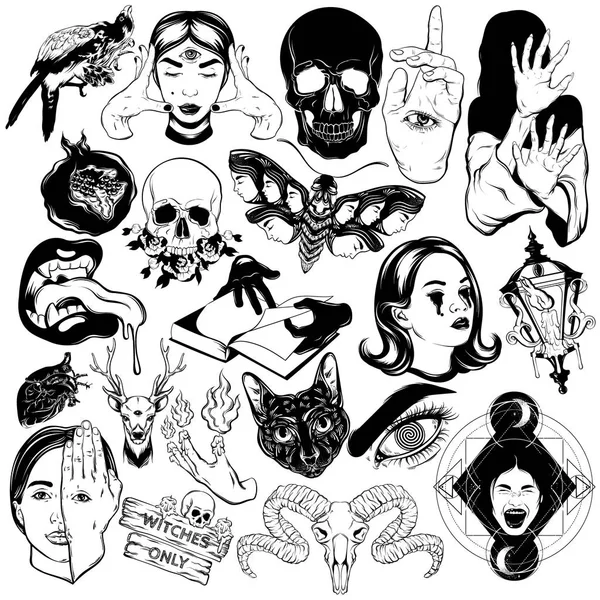 Conjunto Vetorial Ilustrações Desenhadas Mão Crânios Meninas Monstros Traça Coleção —  Vetores de Stock
