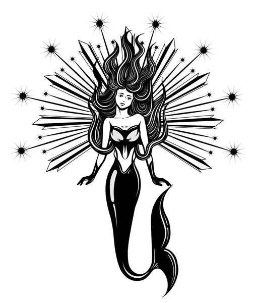 Ilustración Dibujada Mano Vectorial Sirena Aislada Tatuaje Creativo Plantilla Para — Vector de stock