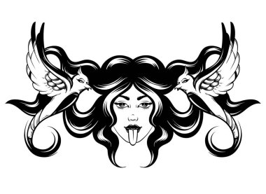 Vektör elle çizilmiş çizim kuşlar izole kadın. Yaratıcı dövme sanat. Şablon için kart, poster, afiş, t-shirt, pin, rozet, yama için yazdırmak.