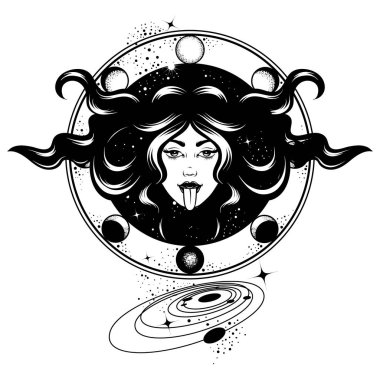 Vektör elle çizilmiş gezegenler izole kadınla Illustration. Yaratıcı dövme sanat. Şablon için kart, poster, afiş, t-shirt, pin, rozet, yama için yazdırmak.
