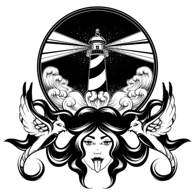 Dalgalar deniz ve deniz feneri ile kuşlar kadınla ve manzara çizilen illüstrasyon vektör ver. Yaratıcı dövme sanat. Şablon için kart, poster, afiş, t-shirt, pin, rozet, yama için yazdırmak.