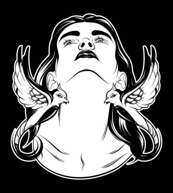 Vektör elle çizilmiş çizim kuşlar izole kadın. Yaratıcı dövme sanat. Şablon için kart, poster, afiş, t-shirt, pin, rozet, yama için yazdırmak.