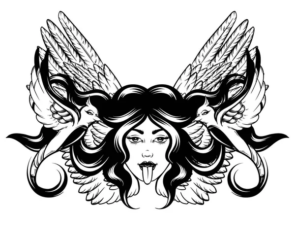 Ilustración Dibujada Mano Vectorial Mujer Con Pájaros Aislados Tatuaje Creativo — Vector de stock
