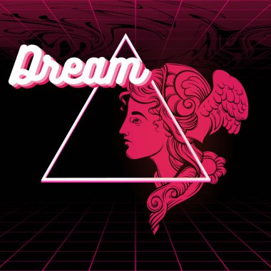 Rüya. Vektör poster el ile Hermes çizimi vaporwave tarzda çizilmiş. Kartı, afiş, t-shirt, pin, rozet, yama için baskı için şablon.