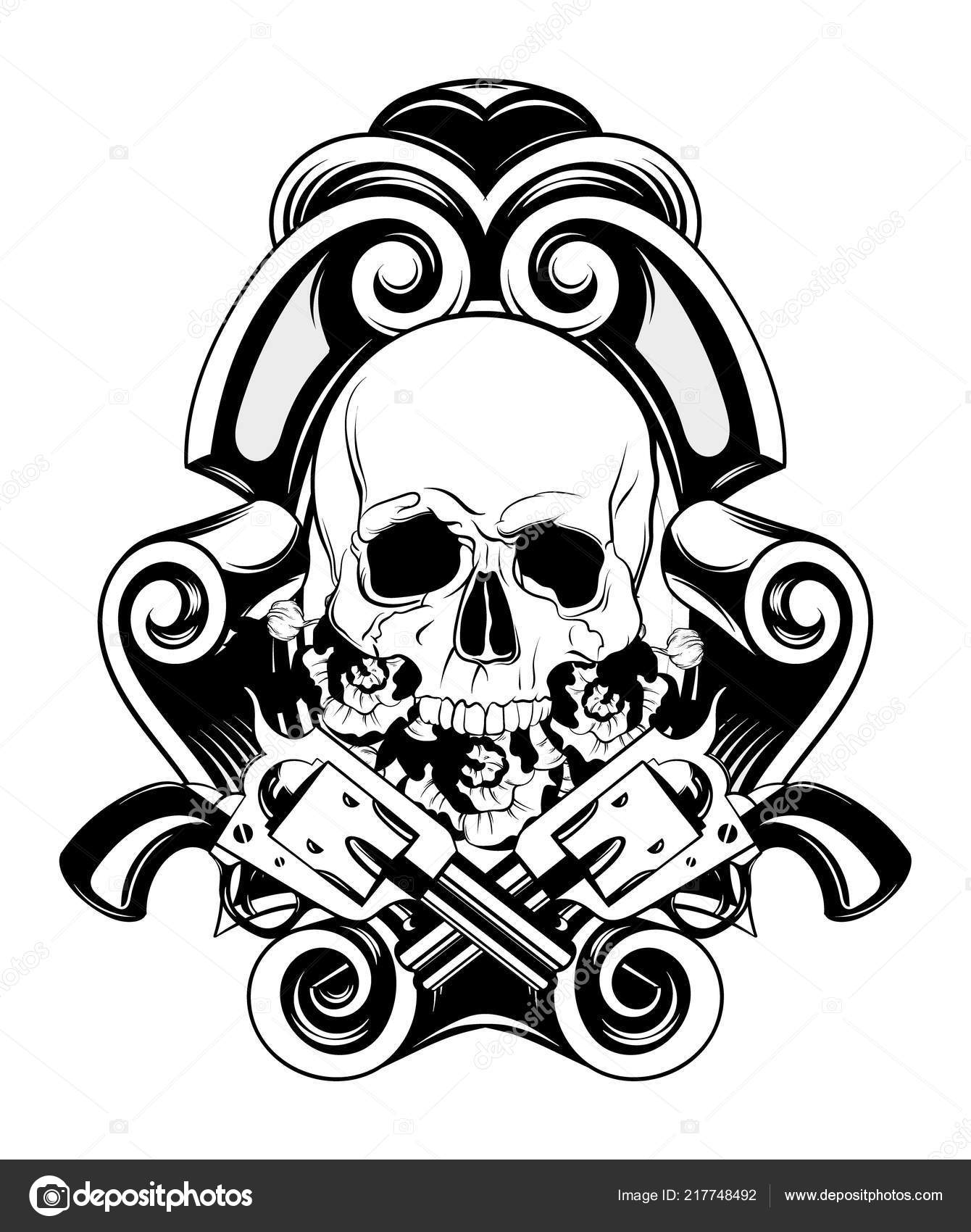 Vector Hand Drawn Illustration Human Skull Guns Flowers Frame Creative  Stock Vector by ©katytutynina 217748492, image size:1340x1700