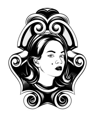 Vektör elle çizilmiş çizim çerçeve içinde güzel kız. Yaratıcı gerçekçi dövme sanat. Şablon için kart, poster, afiş, t-shirt, pin, rozet, yama için yazdırmak.