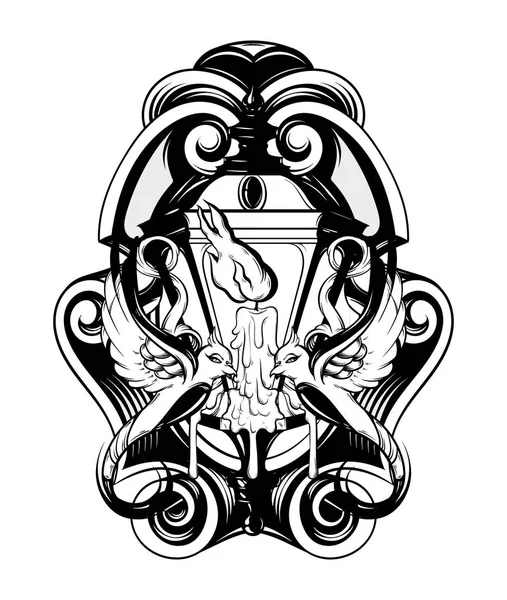 Векторна Рука Намальована Ілюстрація Ліхтаря Птахами Рамці Творчі Реалістичні Татуювання — стоковий вектор