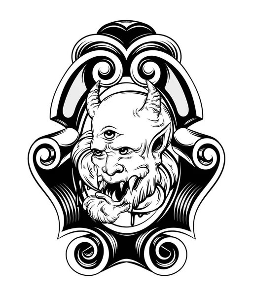 Wektor Ilustracja Demona Ramce Kompozycja Kreatywnych Tatuaż Realistyczny Szablon Dla — Wektor stockowy
