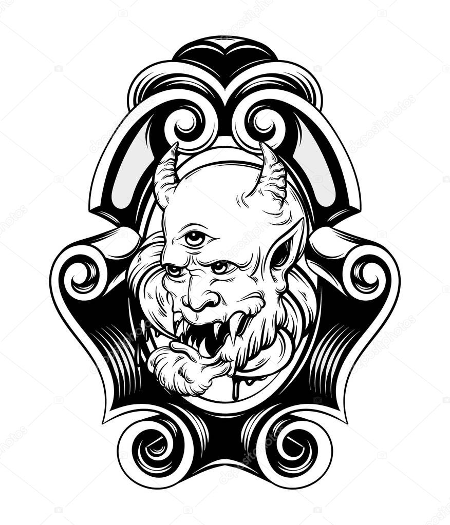 Vector hand drawn illustration of daemon in frame. Creative realistic tattoo artwork. Template for card, poster, banner, print for t-shirt, pin, badge, patch.