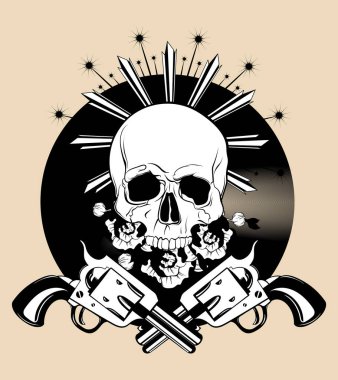 Silah ve çiçekler ile insan kafatasının çizilen illüstrasyon vektör ver. Yaratıcı dövme sanat. Şablon için kart, poster, afiş, t-shirt, pin, rozet, yama için yazdırmak.
