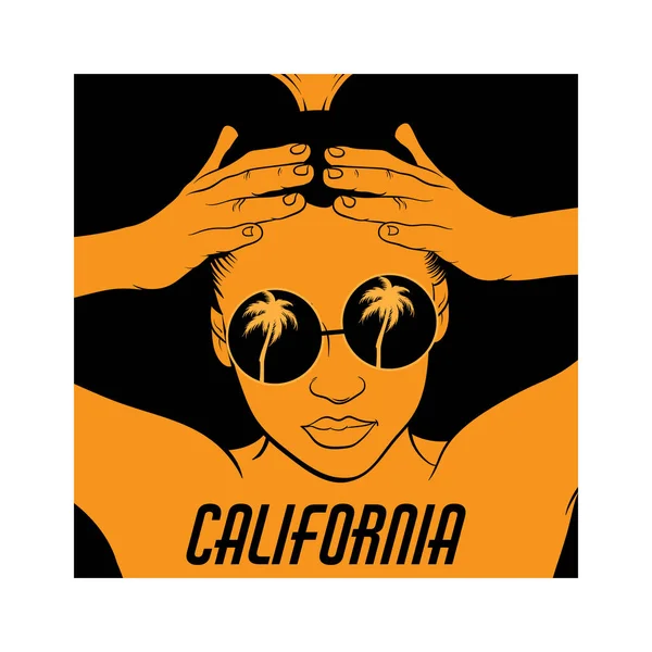 Καλιφόρνια Vector Εικονογράφηση Χέρι Όμορφο Κορίτσι Γυαλιά Ηλίου Τις Παλάμες — Διανυσματικό Αρχείο